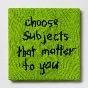 Kate Just, Rule #20: Choose Subjects that Matter to You, 2024, hand knitted acrylic yarn, canvas, and timber, 31 x 31 cm