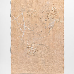 Sera Waters, Local Pattern Sampler, 2023, various threads on hand-dyed repurposed linen, 61 x 42 cm