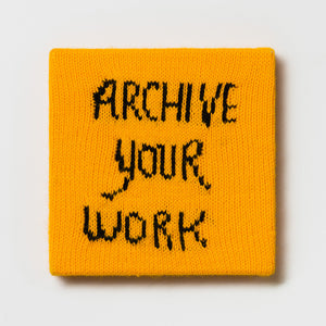 Kate Just, Rule #25: Archive Your Work, 2024, hand knitted acrylic yarn, canvas, and timber, 26 x 26 cm