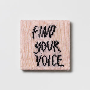 Kate Just, Rule #26: Find your Voice, 2024, hand knitted acrylic yarn, canvas, and timber, 21 x 21 cm