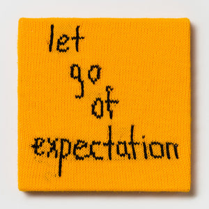 Kate Just, Rule #32: Let Go of Expectation, 2024, hand knitted acrylic yarn, canvas, and timber, 31 x 31 cm