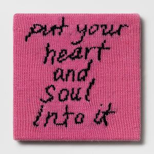 Kate Just, Rule #34: Put Your Heart and Soul Into It, 2024, hand knitted acrylic yarn, canvas, and timber, 31 x 31 cm