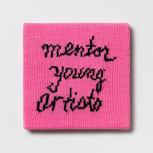 Kate Just, Rule #37: Mentor Young Artists, 2024, hand knitted acrylic yarn, canvas, and timber, 26 x 26 cm