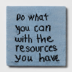 Kate Just, Rule #39: Do What You Can with the Resources You Have, 2024, hand knitted acrylic yarn, canvas, and timber, 31 x 31 cm