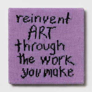 Kate Just, Rule #44: Reinvent Art through the Work You Make, 2024, hand knitted acrylic yarn, canvas, and timber, 31 x 31 cm
