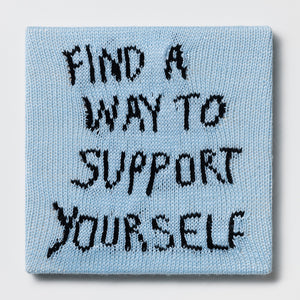 Kate Just, Rule #46: Find a Way to Support Yourself, 2024, hand knitted acrylic yarn, canvas, and timber, 31 x 31 cm