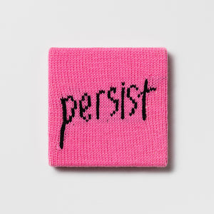 Kate Just, Rule #5: Persist, 2024, hand knitted acrylic yarn, canvas, and timber, 21 x 21 cm