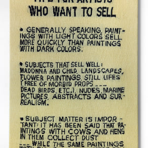 Kate Just, Tips for Artists Who Want to See reprise (a knitted homage to Tips for Artists Who Want to Sell, by John Baldessari (1966-68), acrylic on canvas, 173.36 x 143.51 x 3.81 cm), 2024, hand knitted wool and acrylic yarn, timber, canvas, 128 x 92 cm