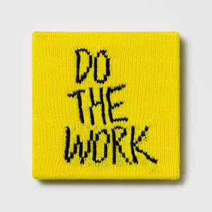 Kate Just, Rule #6: Do the Work, 2024, hand knitted acrylic yarn, canvas, and timber, 26 x 26 cm