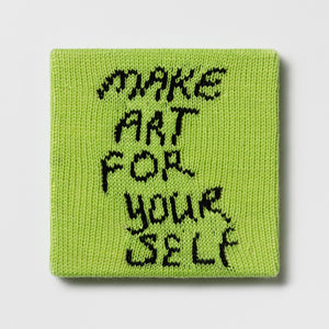 Kate Just, Rule #7: Make Art For Yourself, 2024, hand knitted acrylic yarn, canvas, and timber, 26 x 26 cm