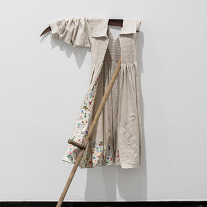 Julia Robinson, Tatterdemalion (installation view), 2022, linen, thread, found embroidery, scythe, steel, 155 x 75 x 30 cm irreg. Photography by Casey Horsfield