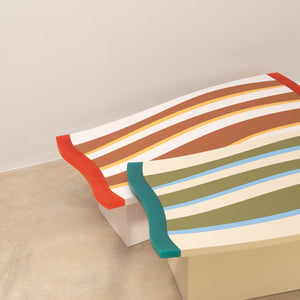 Daniel Emma, Blanket Table - Red & Green, 2025, resin, timber veneer plywood, and paint, dimensions variable