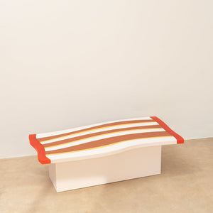 Daniel Emma, Blanket Table - Red, 2025, resin, timber veneer plywood, and paint, 28 x 92 x 45 cm