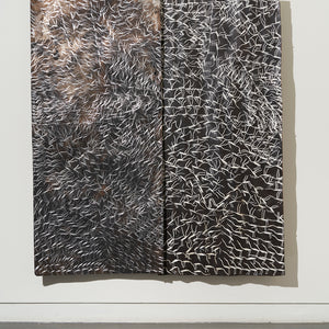 Binygurr Wirrpanda, Guḏurrku (3545-25), 2025, Etching on found metal sign and natural pigments on Stringybark (diptych), 193 x 175 cm
