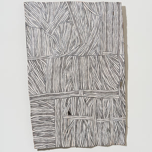 Napunda Marawili, The waters of Yathikpa (2577-24), 2024, Natural pigments on Stringybark, 111.5 x 74.5 cm