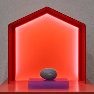 Daniel Emma, Shrine (For Very Important Things) (installation view), 2025, powdercoated steel, timber veneer plywood, paint, acrylic diffuser, and LED strip, 50 x 35 x 35 cm