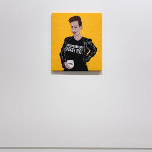 Kate Just, Self Portrait: Everyone Can Be Pussy Riot (installation view), 2024, hand knitted wool and acrylic yarn, canvas, and timber, 72 x 62 cm