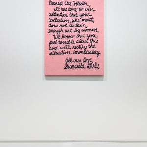 Kate Just, Dearest Art Collector reprise (2024) knitted homage to The Guerrilla Girls, Dearest Art Collector (1986) (installation view), 2024, hand knitted acrylic yarn, canvas, and timber, 109 x 74 cm