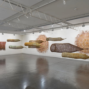 Maureen Ali, Jennifer Brown, Nola Garrba, Lorna Jin-gubarranguyja, Sylvia Marrgawaidj, and Indra Prudence in 'Living Waters' at Hugo Michell Gallery, 2025.