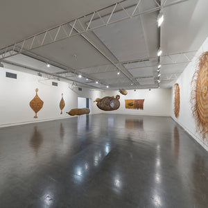 Maureen Ali, Jennifer Brown, Nola Garrba, Lorna Jin-gubarranguyja, Sylvia Marrgawaidj, and Indra Prudence in 'Living Waters' at Hugo Michell Gallery, 2025.