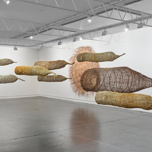 Maureen Ali, Jennifer Brown, Lorna Jin-gubarranguyja, Sylvia Marrgawaidj, and Indra Prudence in 'Living Waters' at Hugo Michell Gallery, 2025.