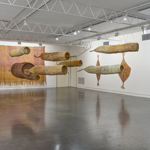 Maureen Ali, Jennifer Brown, Lorna Jin-gubarranguyja, Sylvia Marrgawaidj, and Indra Prudence in 'Living Waters' at Hugo Michell Gallery, 2025.