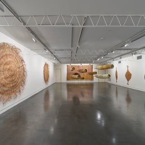 Maureen Ali, Jennifer Brown, Nola Garrba, Lorna Jin-gubarranguyja, and Sylvia Marrgawaidj in 'Living Waters' at Hugo Michell Gallery, 2025.