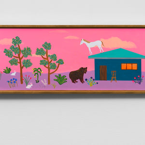 Marc Etherington, All that bear wanted was a coffee and a chat, 2023, acrylic on wood with found frame, 33.7 x 79.5 cm
