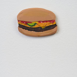 Marc Etherington, Burger #1, 2024, acrylic on hand cut board 7.5 x 10 cm irregular