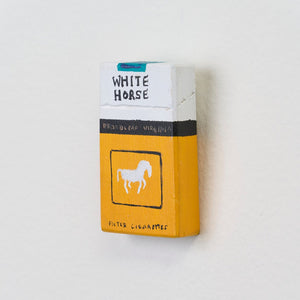 Marc Etherington's cigarette packs at Hugo Michell Gallery, 2024.