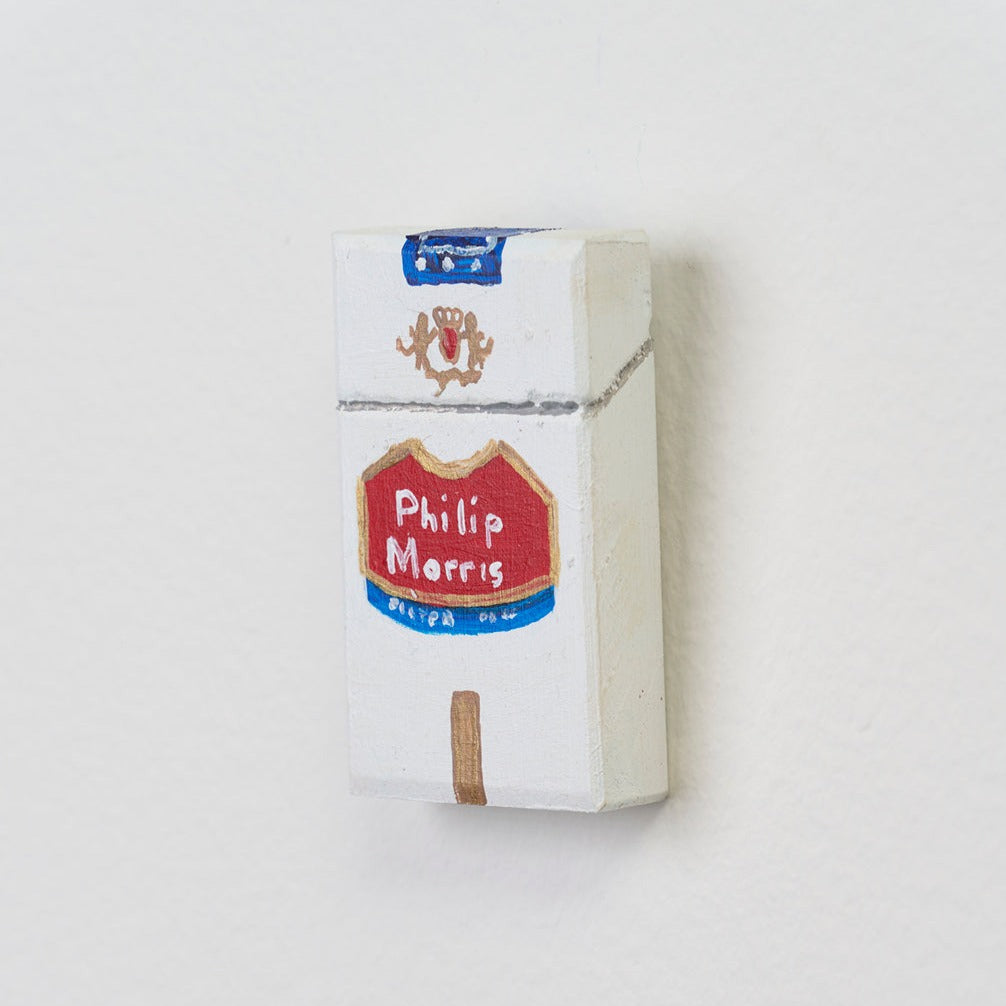 Marc Etherington's cigarette packs at Hugo Michell Gallery, 2024.