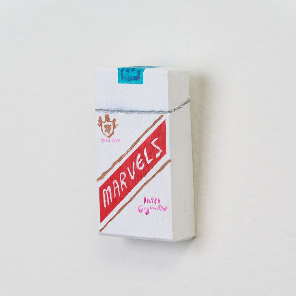 Marc Etherington's cigarette packs at Hugo Michell Gallery, 2024.