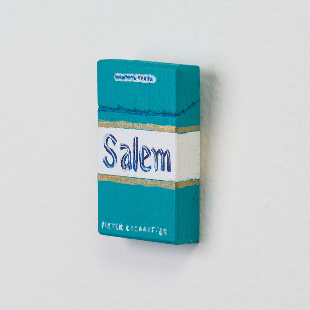 Marc Etherington's cigarette packs at Hugo Michell Gallery, 2024.