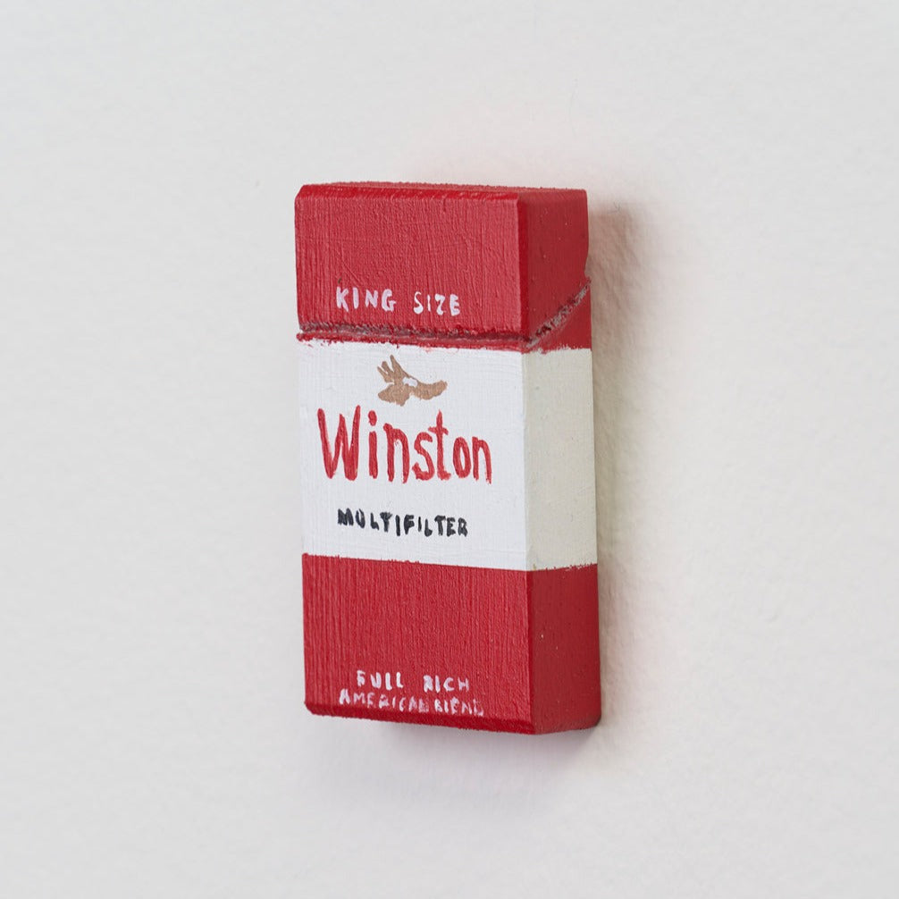 Marc Etherington's cigarette packs at Hugo Michell Gallery, 2024.