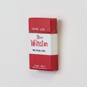 Marc Etherington's cigarette packs at Hugo Michell Gallery, 2024.