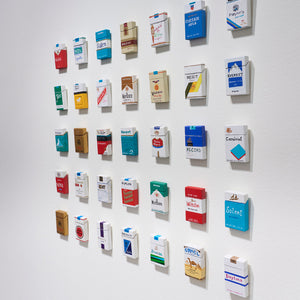 Marc Etherington's cigarette packs at Hugo Michell Gallery, 2024.