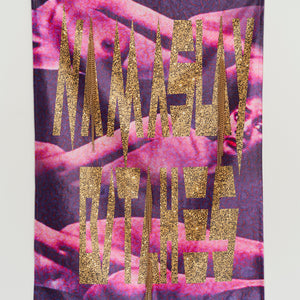 Min Wong, I can’t get enough of myself :>, 2023, digital print on velvet, eyelets, and chain, 110 x 80 cm