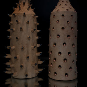 Fiona Roberts, Impaled & Impaler, 2024, stoneware with glaze, 35 x 11 x 11 cm each