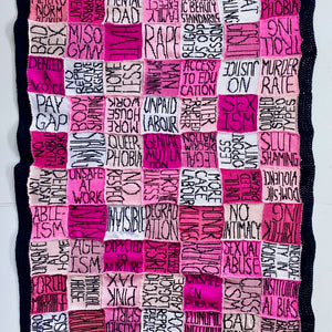 Kate Just, Tickled Pink To Be A Woman In 2023, 2023, hand knitted and hand crocheted wool, and acrylic yarns, 170 x 130 cm irreg.