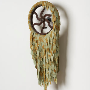 Julia Robinson, The very deep did rot, 2024, linen, thread, bleach, foam, wheel, steel, fixings, 120 x 50 x 20 cm