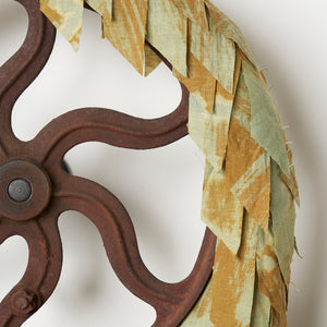 Julia Robinson, The very deep did rot (detail), 2024, linen, thread, bleach, foam, wheel, steel, fixings, 120 x 50 x 20 cm