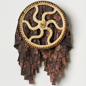Julia Robinson, Turning over weeds and worms, 2024, linen, thread, bleach, jute webbing, wheel, steel, fixings, 85 x 60 x 20 cm