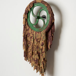 Julia Robinson, Leave the roots on, let them dangle, 2024, linen, thread, bleach, foam, wheel, steel, fixings, 125 x 55 x 25 cm