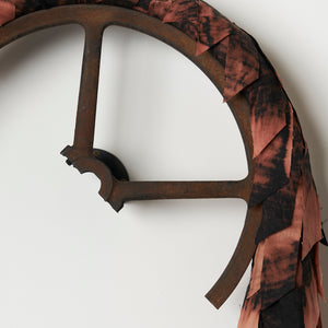 Julia Robinson, Root and crown, linen, thread (detail), 2024, bleach, foam, split wheel, steel, fixings, 145 x 110 x 20 cm