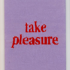 Kate Just, Take Pleasure, 2023, from Self Care Action Series, hand knitted acrylic yarn, canvas, and timber, 55 x 40 cm