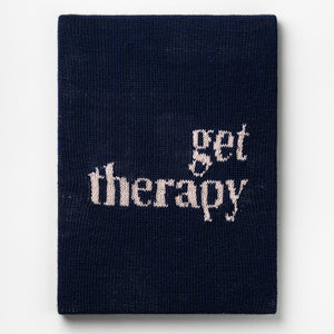 Kate Just, Get Therapy, 2023, from Self Care Action Series, hand knitted acrylic yarn, canvas, and timber, 55 x 40 cm