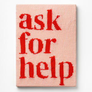 Kate Just, Ask for Help, 2023, from Self Care Action Series, hand knitted acrylic yarn, canvas, and timber, 55 x 40 cm