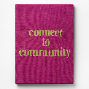 Kate Just, Connect to Community, 2023, from Self Care Action Series, hand knitted acrylic yarn, canvas, and timber, 55 x 40 cm