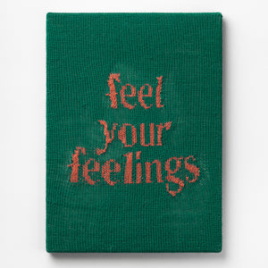 Kate Just, Feel your Feelings, 2023, from Self Care Action Series, hand knitted acrylic yarn, canvas, and timber, 55 x 40 cm