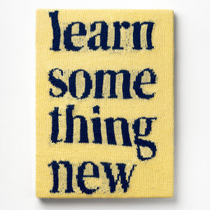 Kate Just, Learn Something New, 2023, from Self Care Action Series, hand knitted acrylic yarn, canvas, and timber, 55 x 40 cm